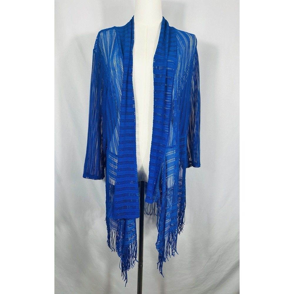 Chicos Travelers Cardigan Size 2 LG Royal Blue Fringe Open Knit Longline Cover